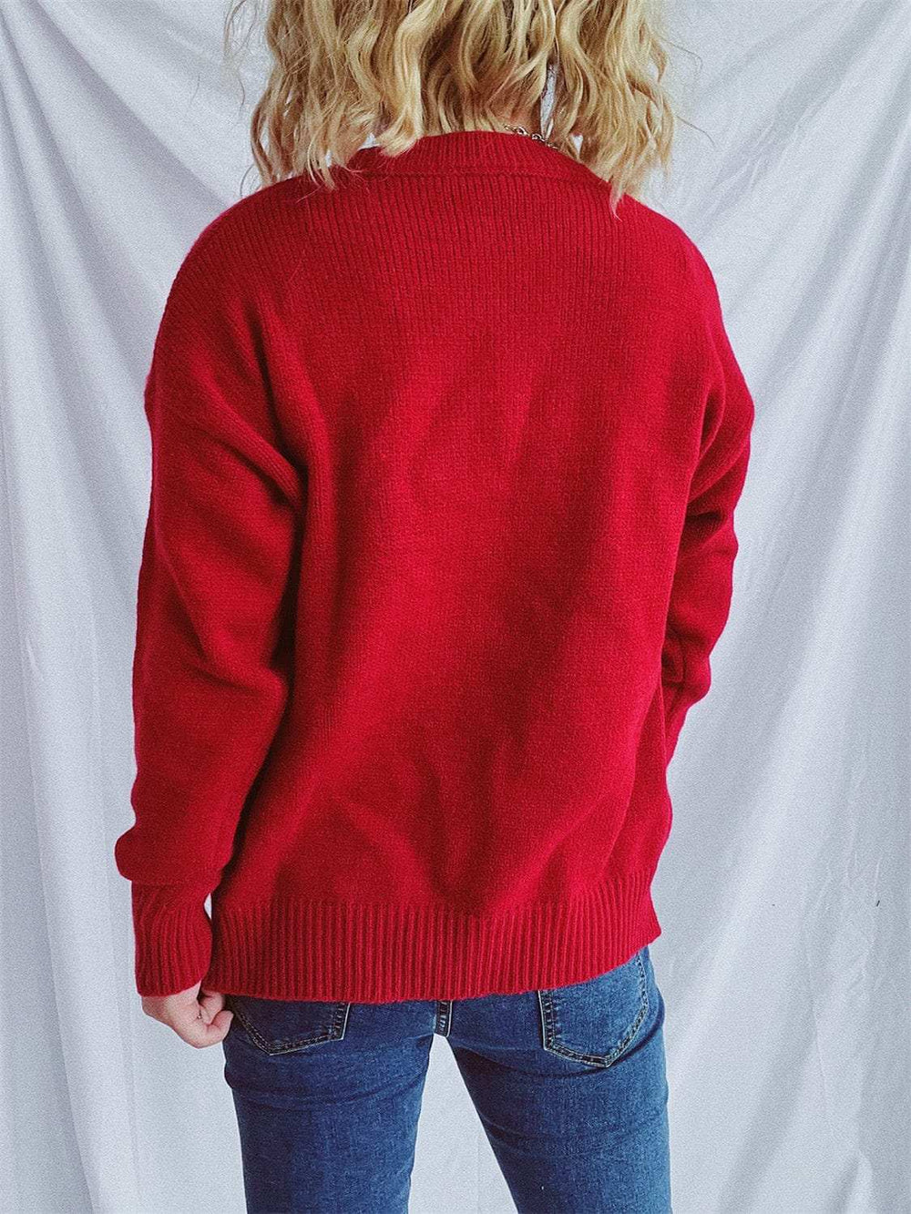 Contrast Star Round Neck Long Sleeve Sweater - Trendsi - Flyclothing LLC