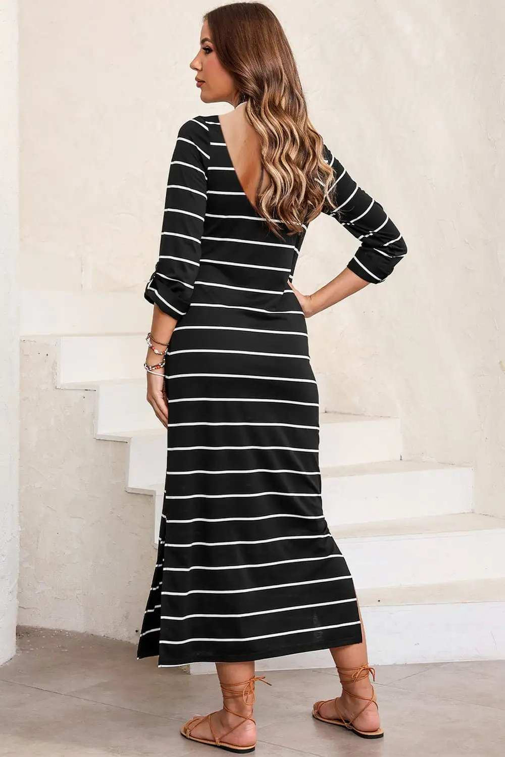 Slit Striped Round Neck Midi Dress - Trendsi - Flyclothing LLC