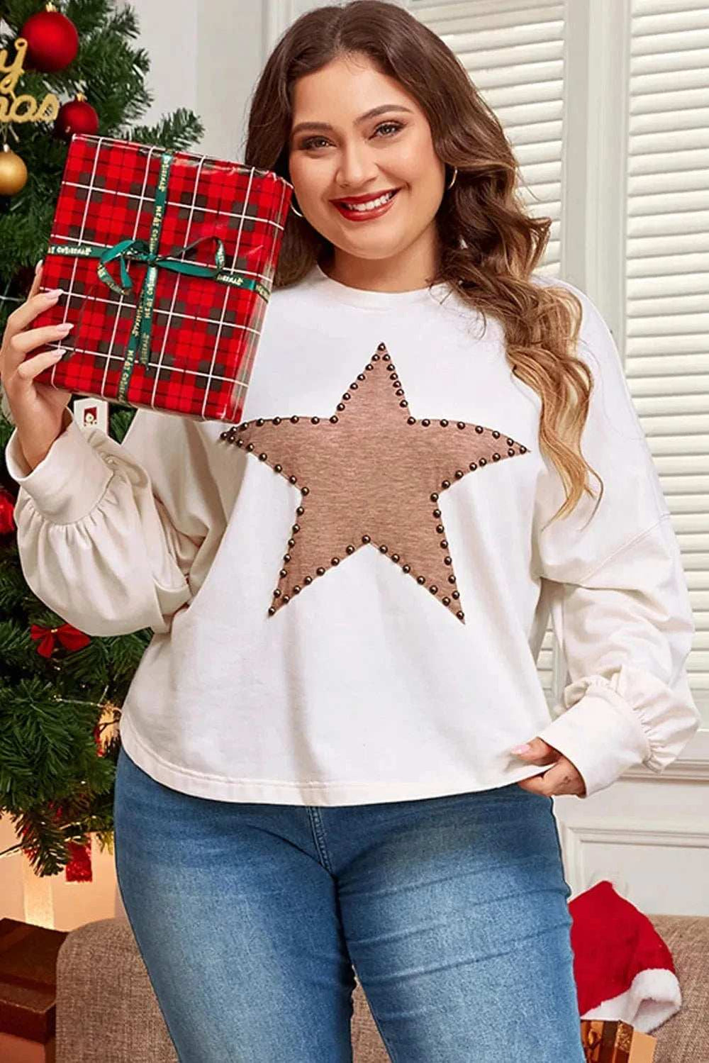 Plus Size Studded Star Round Neck Long Sleeve Blouse - Trendsi - Flyclothing LLC