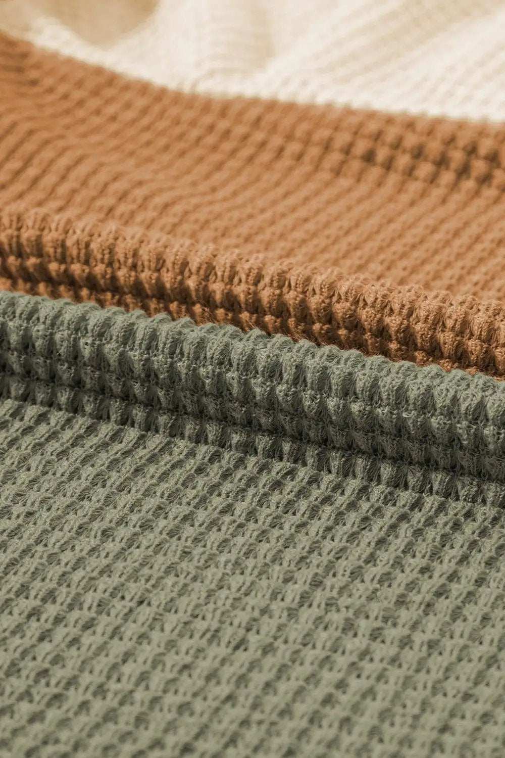 Waffle-Knit Color Block Round Neck Long Sleeve Blouse - Trendsi - Flyclothing LLC