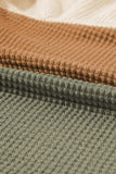 Waffle-Knit Color Block Round Neck Long Sleeve Blouse - Trendsi - Flyclothing LLC