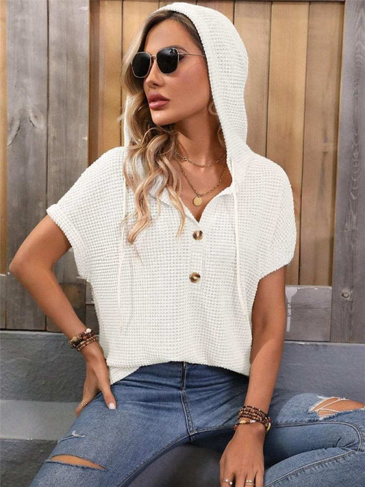 Waffle-Knit Hooded Short Sleeve Top - Trendsi - Flyclothing LLC
