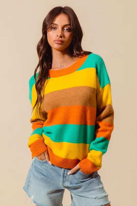 SO ME Multi Color Stripe Sweater with Ribbed Detail - Trendsi - Flyclothing LLC