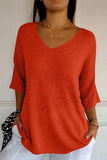 V-Neck Three-Quarter Sleeve Knit Top - Trendsi - Flyclothing LLC
