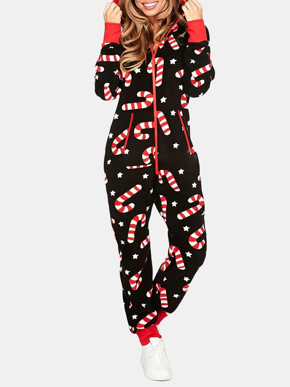 Printed Zip Up Long Sleeve Hooded Jumpsuit - Trendsi - Flyclothing LLC