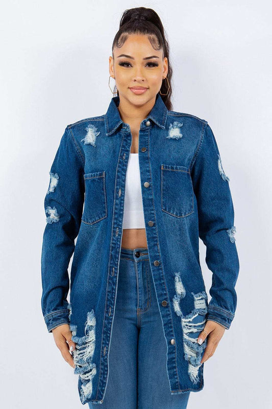 American Bazi Distressed Button Up Long Sleeve Denim Jacket - Trendsi - Flyclothing LLC