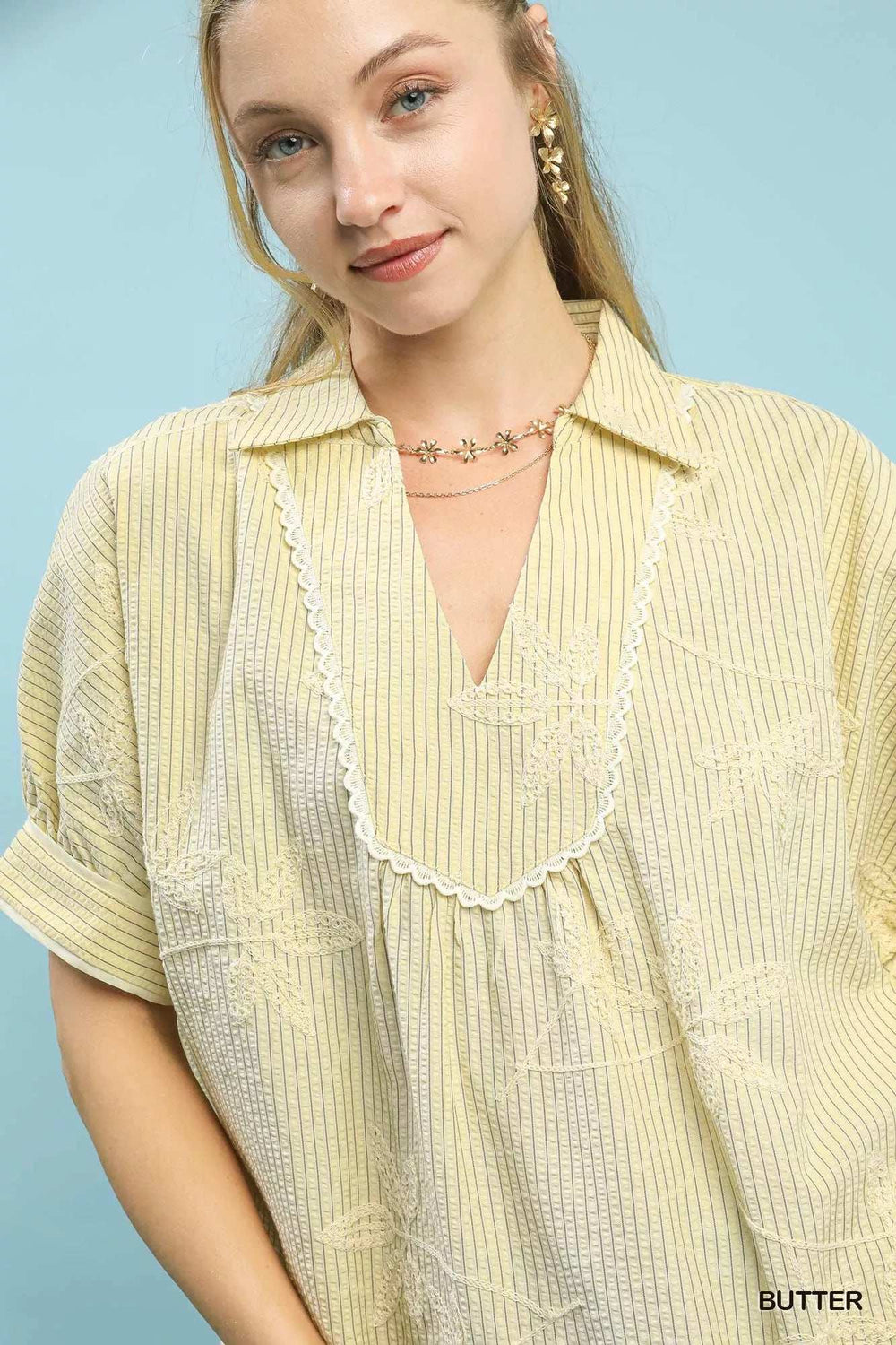 Umgee Striped Embroidered Blouse with Scallop Trim - Trendsi - Flyclothing LLC