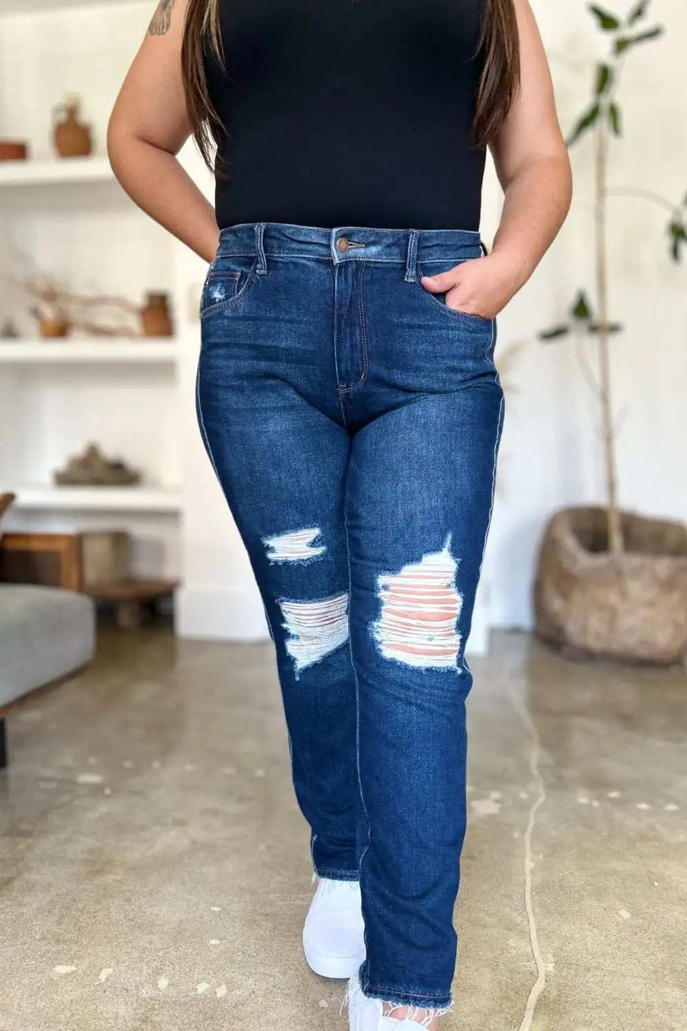 Judy Blue Full Size High Waist Rigid Magic Heavy Destroy Straight Jeans - Trendsi - Flyclothing LLC
