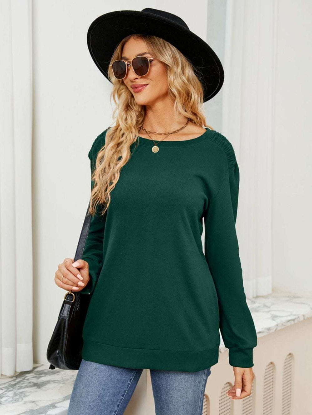 Ruched Shoulder Round Neck Long Sleeve Sweatshirt - Trendsi - Flyclothing LLC