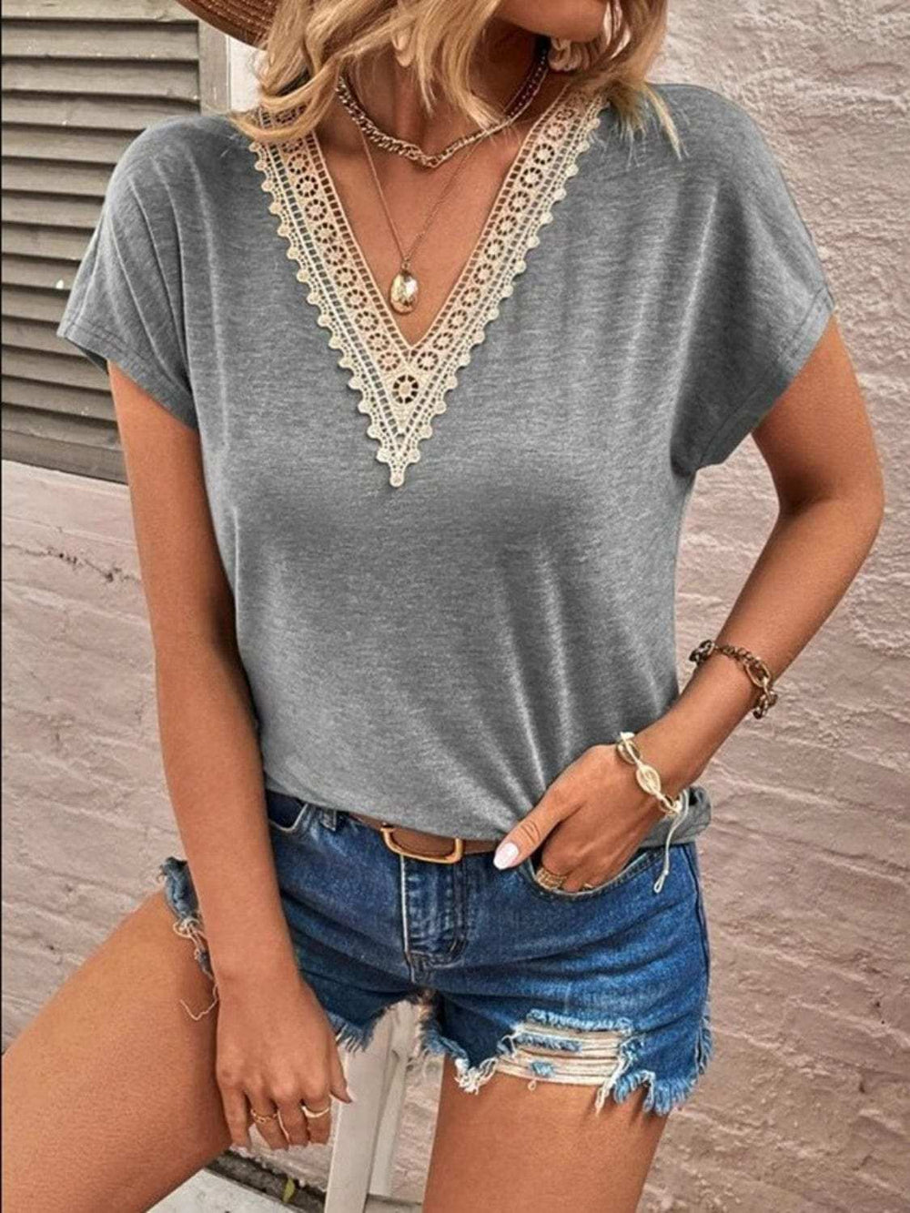 Full Size Lace Detail V-Neck Short Sleeve T-Shirt - Trendsi - Flyclothing LLC