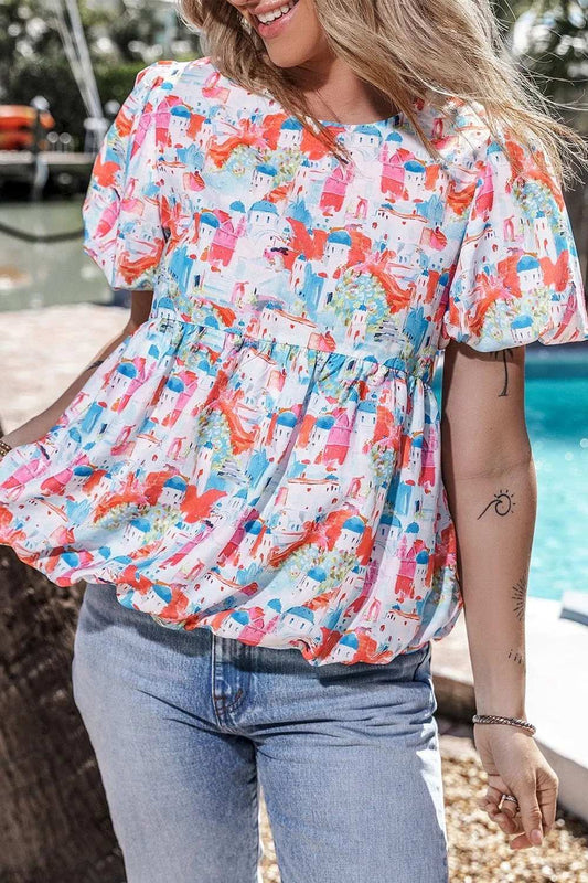 Printed Round Neck Puff Sleeve Blouse - Trendsi - Flyclothing LLC