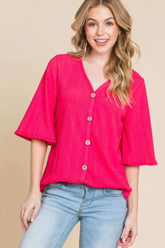 BOMBOM Texture Decorative Button V-Neck Top - Trendsi - Flyclothing LLC