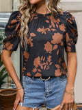Frill Printed Round Neck Puff Sleeve Blouse - Trendsi - Flyclothing LLC