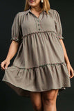Umgee Full Size Plaid Frill Button Detail Ruffled Short Sleeve Dress Plus Size - Trendsi - Flyclothing LLC