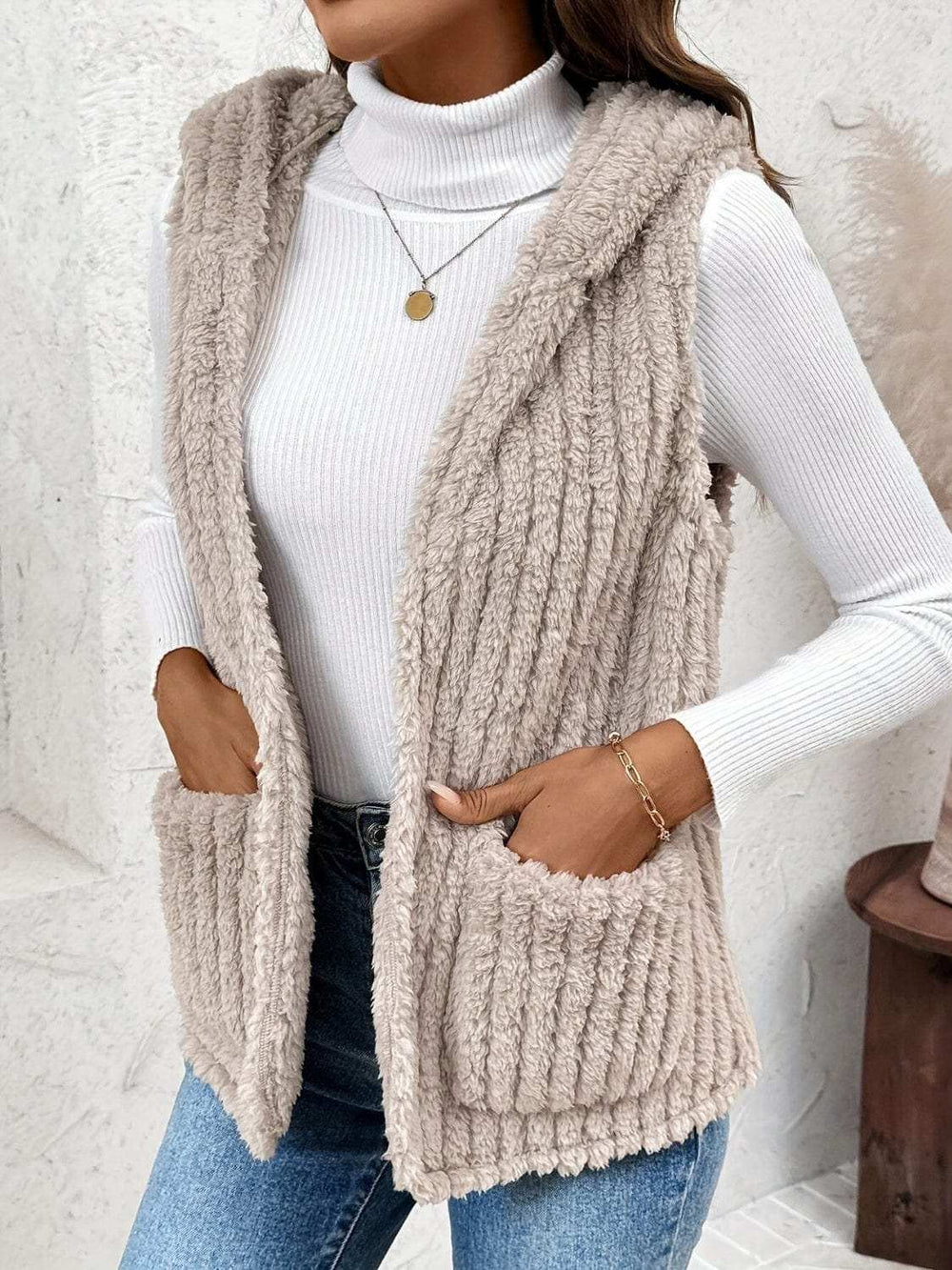 Fuzzy Hooded Vest with Pockets - Trendsi - Flyclothing LLC