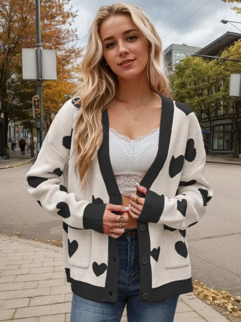 Heart Button Up Dropped Shoulder Long Sleeve Cardigan - Trendsi - Flyclothing LLC