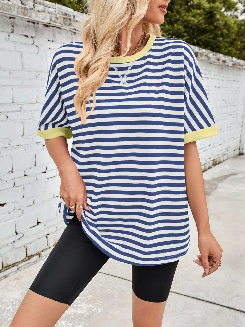 Lovelet Striped Round Neck Half Sleeve T-Shirt - Trendsi - Flyclothing LLC