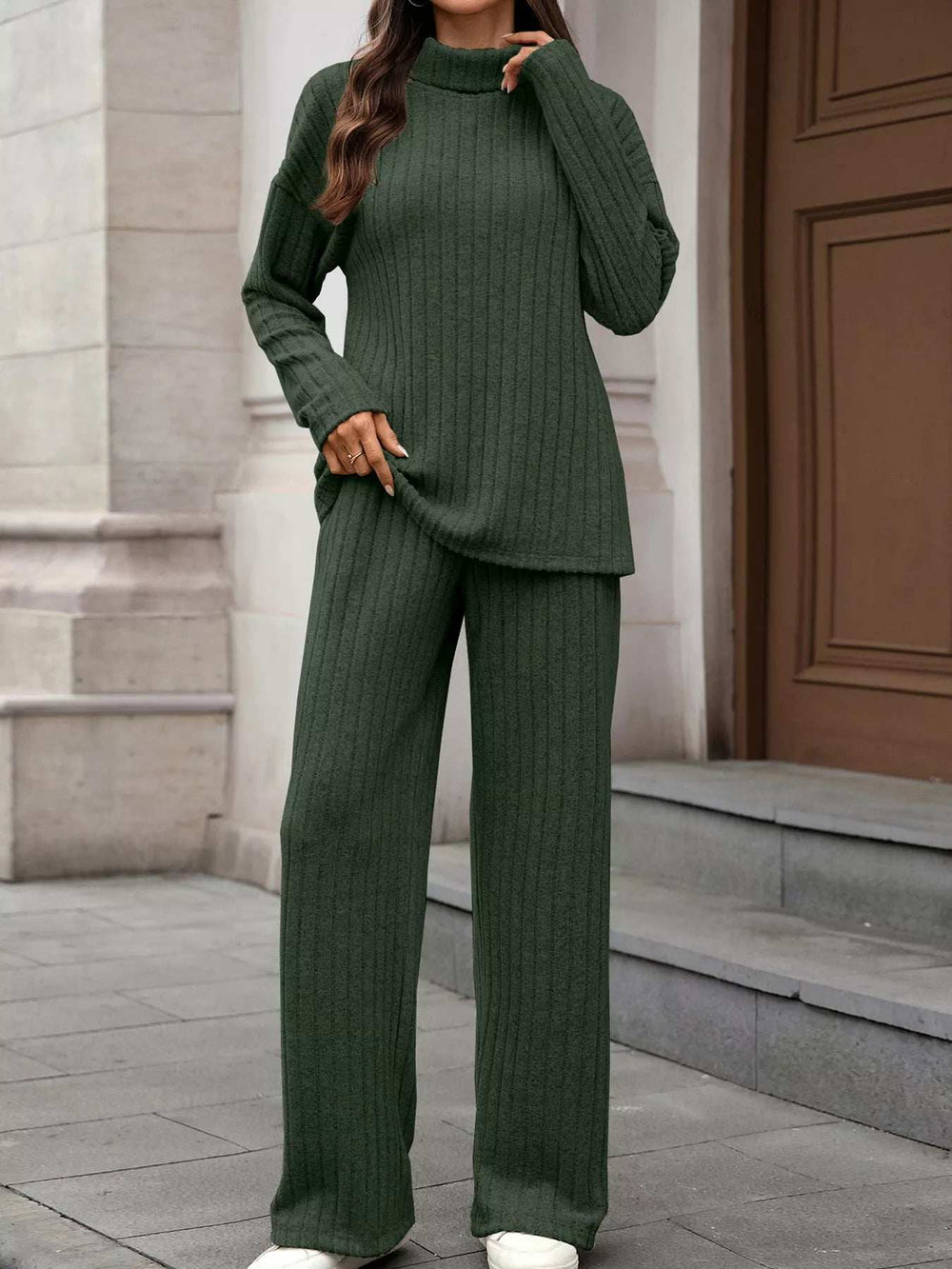 Ribbed Turtleneck Dropped Shoulder Top and Pants Sweater Set - Trendsi - Flyclothing LLC