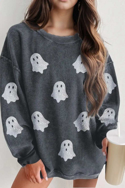 Glitter Ghost Round Neck Long Sleeve Sweatshirt - Trendsi - Flyclothing LLC
