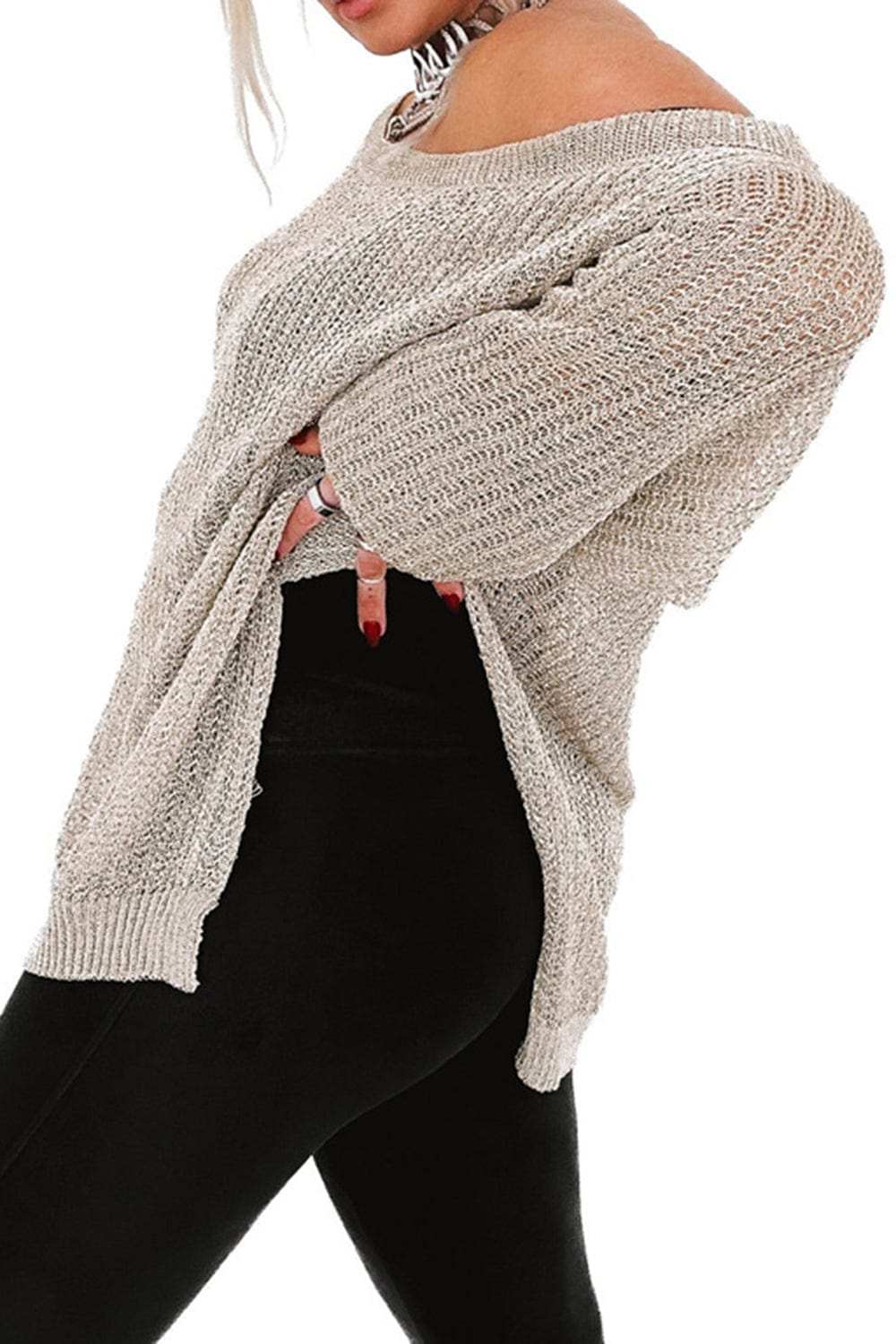 Side Slit Long Sleeve Knit Cover Up - Trendsi - Flyclothing LLC