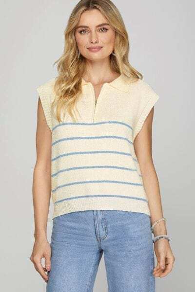 She + Sky Full Size Ribbed Hem Striped Half Zip Sweater Vest Plus Size - Trendsi - Flyclothing LLC