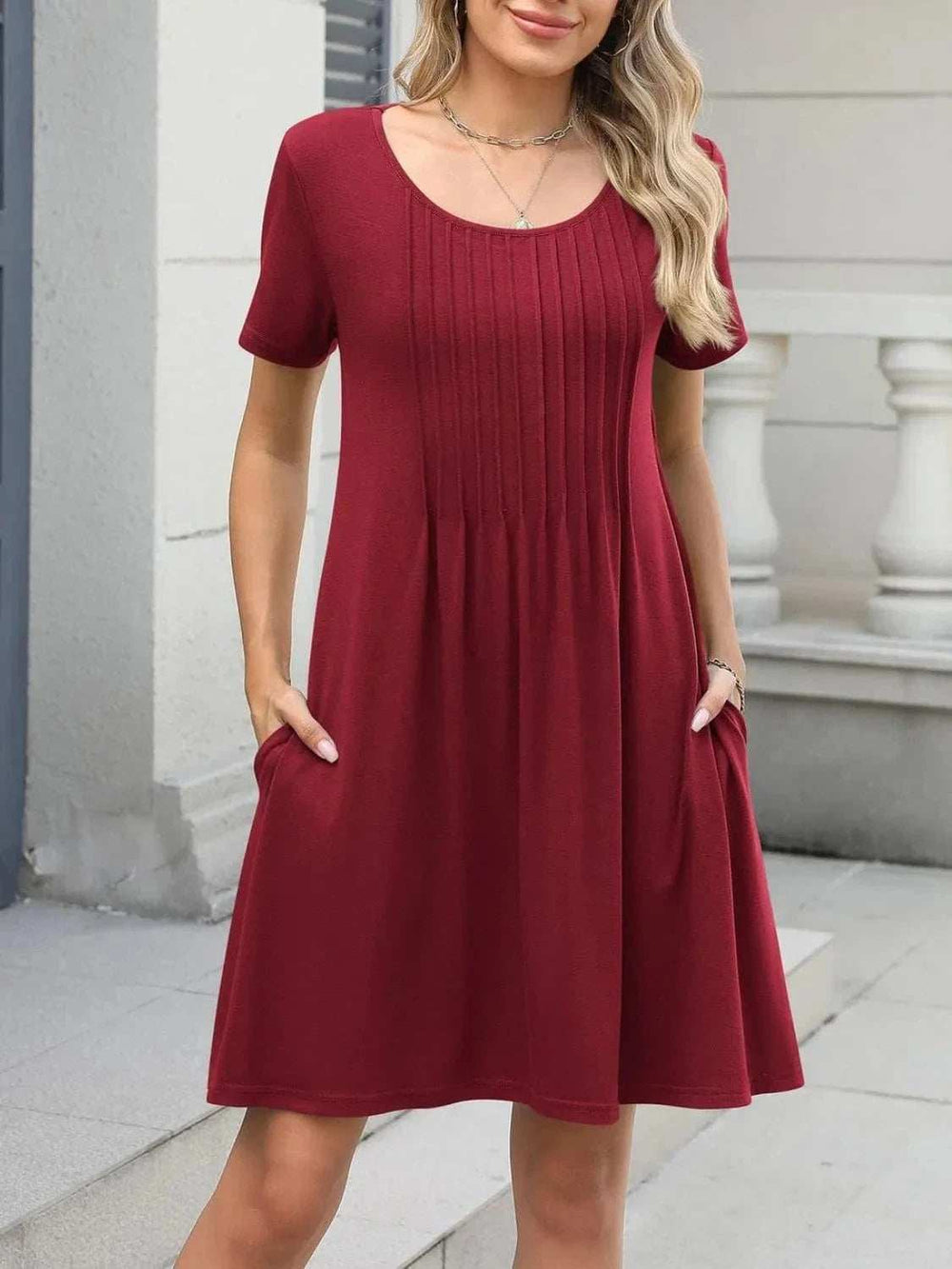 Pleated Front Round Neck Swing Dress - Trendsi - Flyclothing LLC