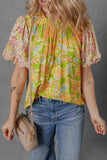 Multicolour Printed Contrast Bubble Sleeve Patchwork Blouse - Trendsi - Flyclothing LLC