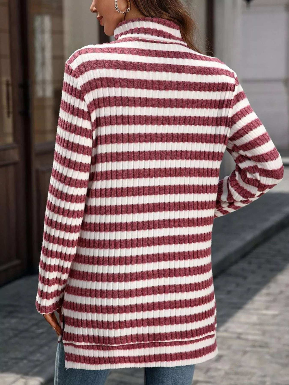 Striped Turtleneck Long Sleeve Knit Top - Trendsi - Flyclothing LLC