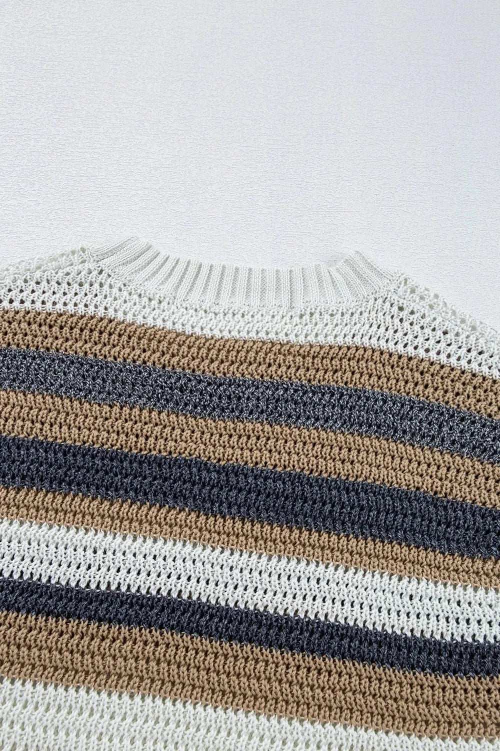 Stripe Color Block Eyelet Knit Short Sleeve Knit Top - Trendsi - Flyclothing LLC