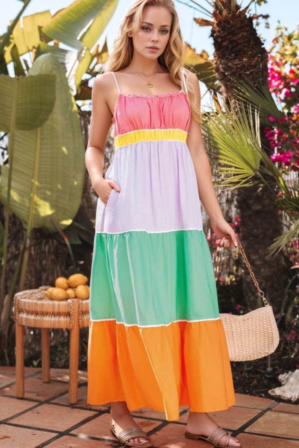 Color Block Flowy Tiered Maxi Dress with Pockets - Trendsi - Flyclothing LLC