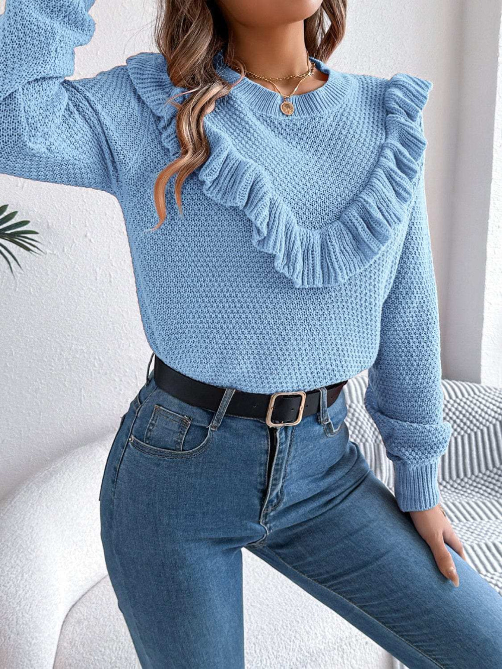 Ruffled Round Neck Long Sleeve Sweater - Trendsi - Flyclothing LLC