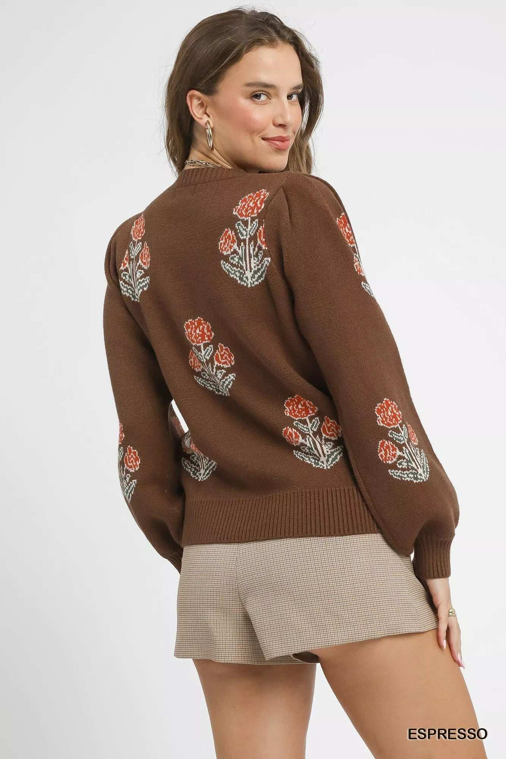 Umgee Floral Knit Sweater with Puff Sleeves - Trendsi - Flyclothing LLC