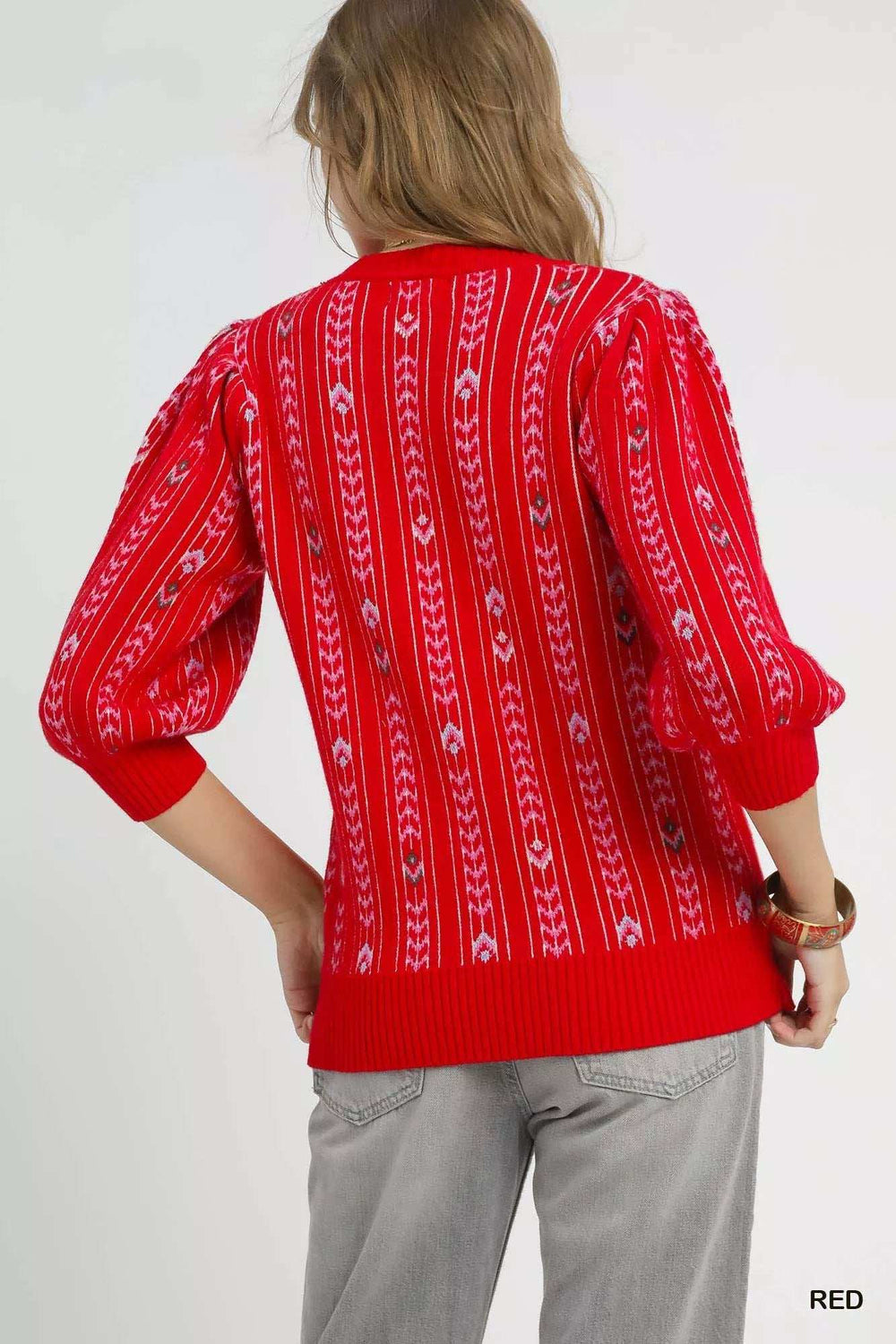 Umgee Jacquard Knit Puff Sleeve Sweater - Trendsi - Flyclothing LLC