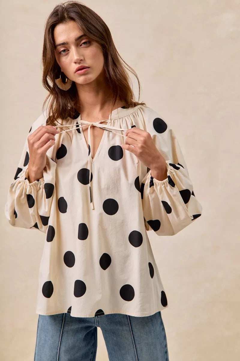 BiBi Polka Dot Exaggerated Balloon Sleeves Blouse - Trendsi - Flyclothing LLC
