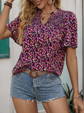 Printed Notched Flutter Sleeve Blouse - Trendsi - Flyclothing LLC