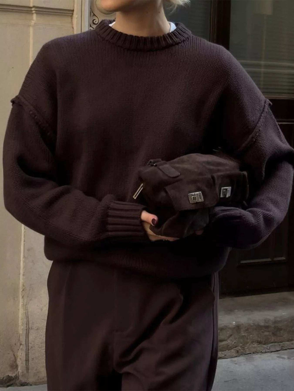 Round Neck Dropped Shoulder Sweater - Trendsi - Flyclothing LLC