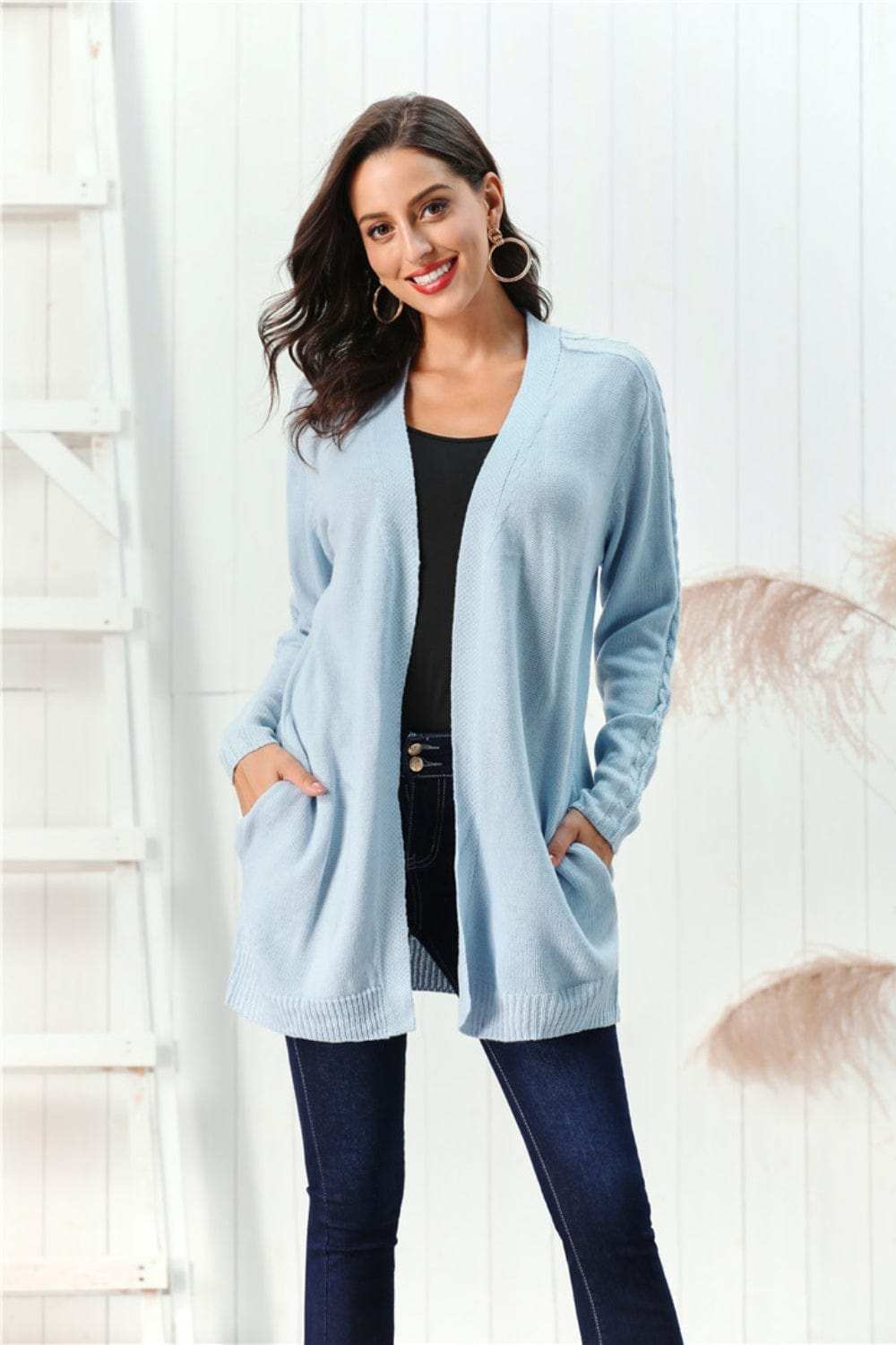 Cable-Knit Open Front Long Sleeve Cardigan - Trendsi - Flyclothing LLC
