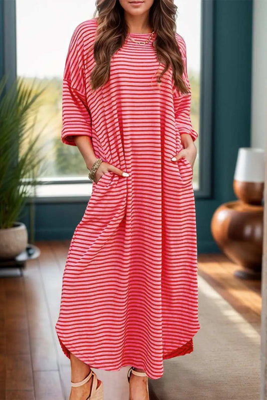 Pocketed Striped Half Sleeve Tee Dress - Trendsi - Flyclothing LLC