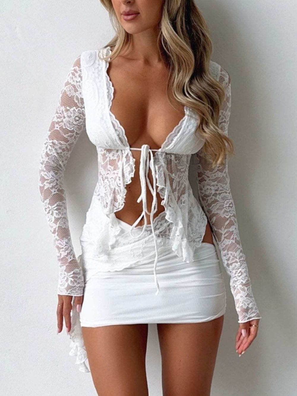 Devine Tied Front Ruffled Long Sleeve Lace Shirt - Trendsi - Flyclothing LLC