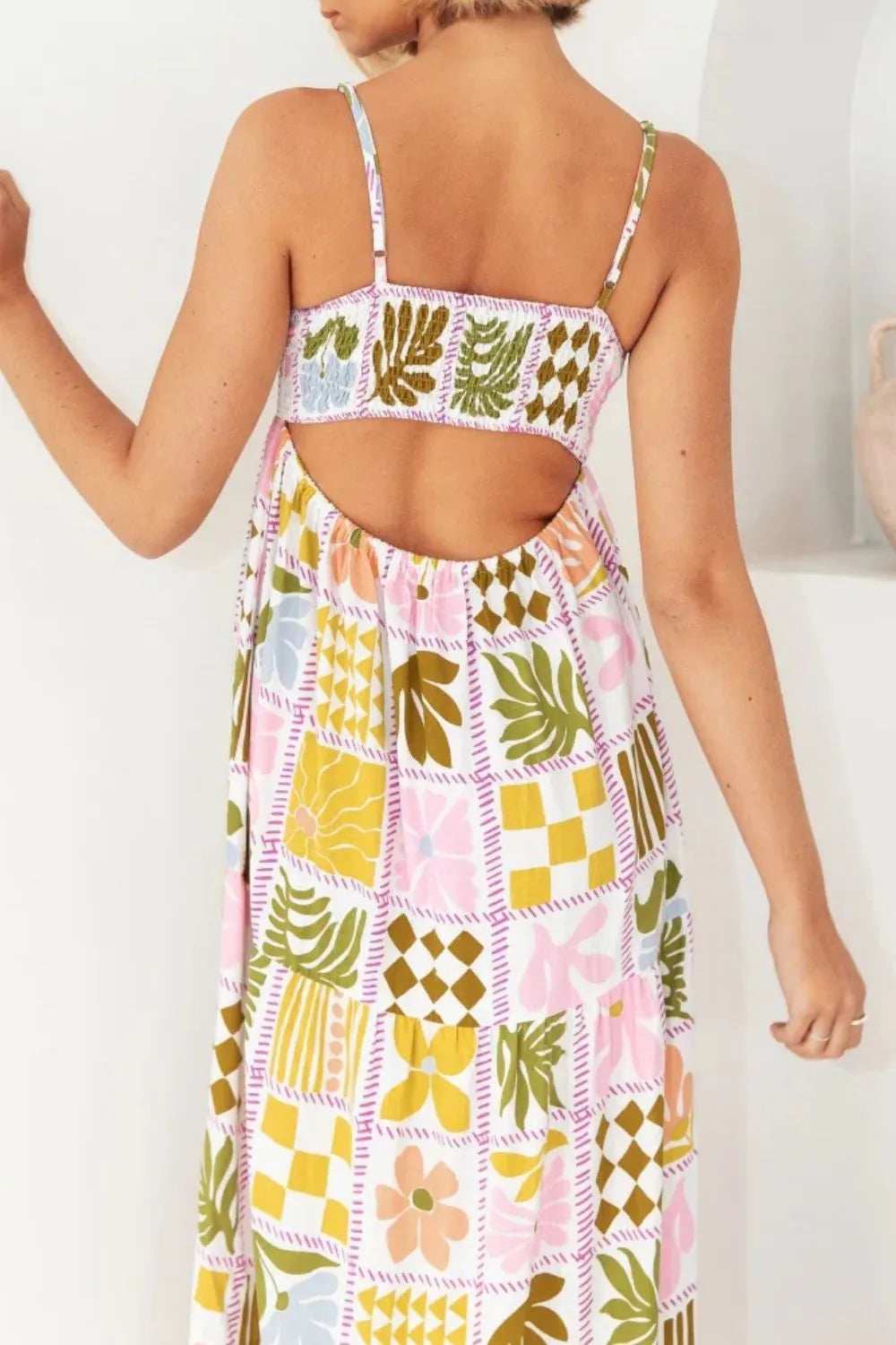 Cutout Back Printed Square Neck Maxi Cami Dress - Trendsi - Flyclothing LLC