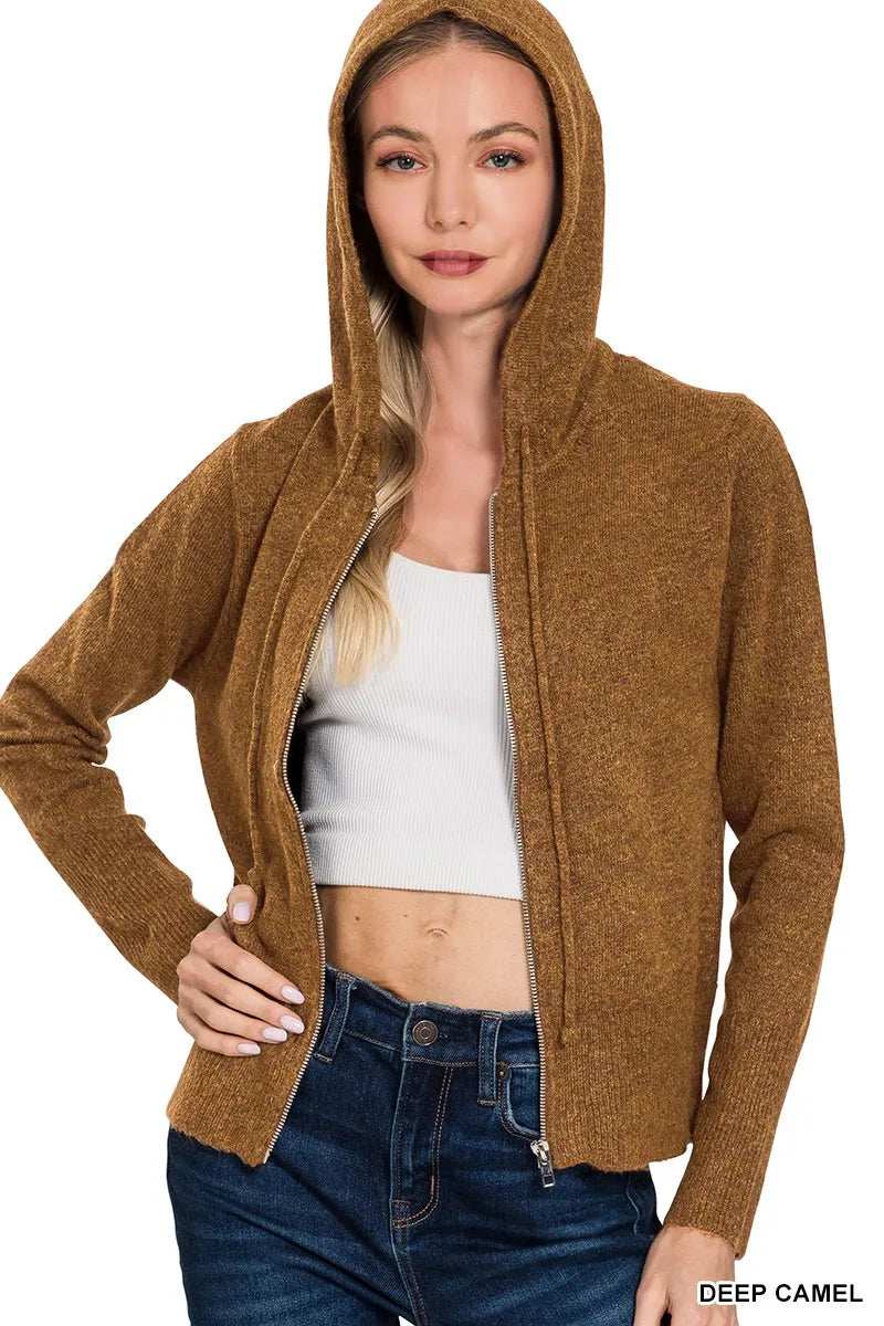 Zenana Drawstring Zip Up Hooded Cardigan - Trendsi - Flyclothing LLC