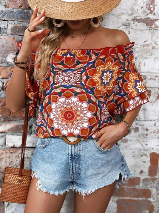 Printed Off-Shoulder Half Sleeve Blouse - Trendsi - Flyclothing LLC