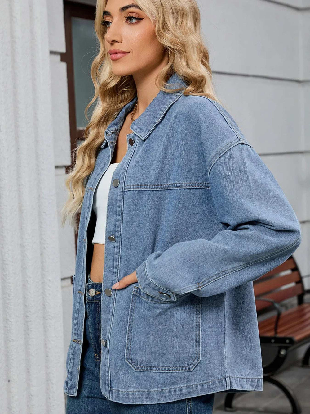 Washed Oversized Button Down Denim Jacket - Trendsi - Flyclothing LLC