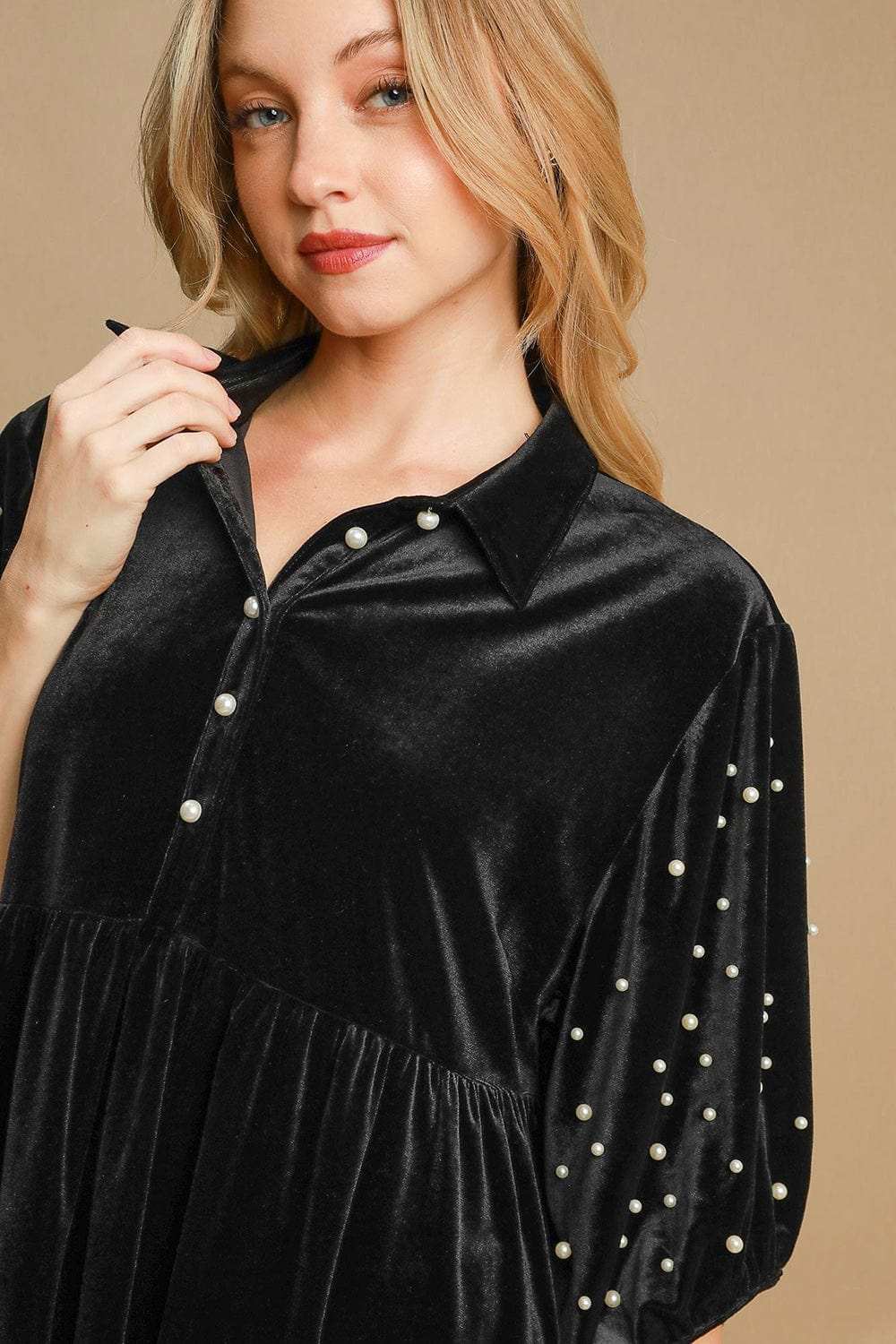 Umgee Pearl Detail Half Sleeve Velvet Babydoll Blouse - Trendsi - Flyclothing LLC