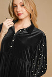 Umgee Pearl Detail Half Sleeve Velvet Babydoll Blouse - Trendsi - Flyclothing LLC