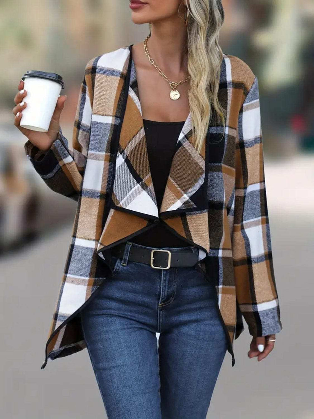 Plaid Open Front Long Sleeve Jacket - Trendsi - Flyclothing LLC