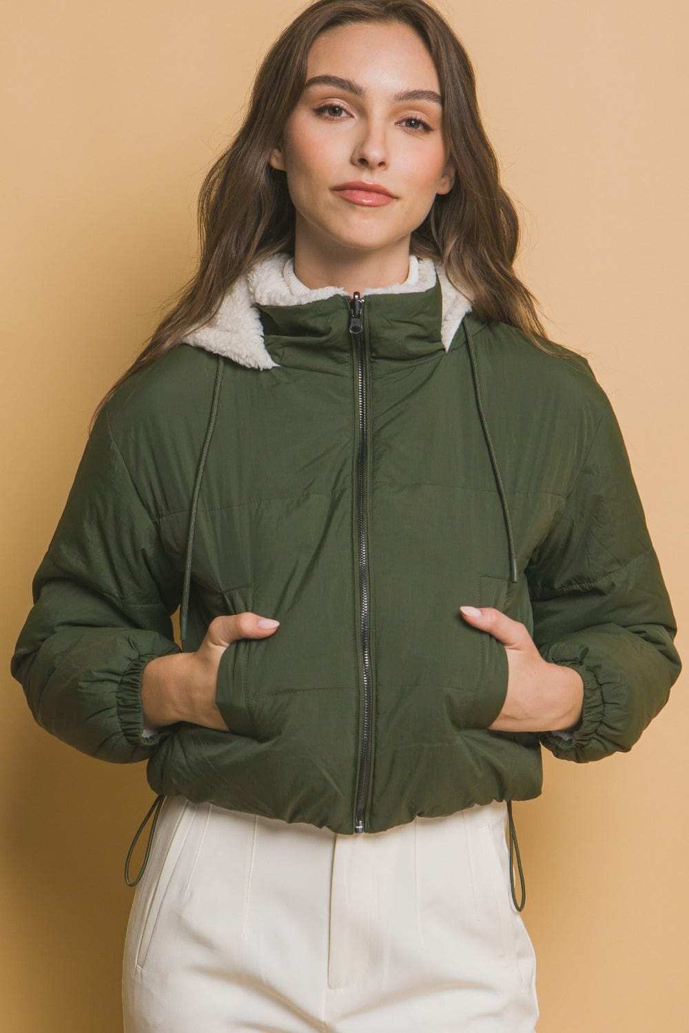 Love Tree Zip Up Cropped Hooded Sherpa Reversible Jacket - Trendsi - Flyclothing LLC