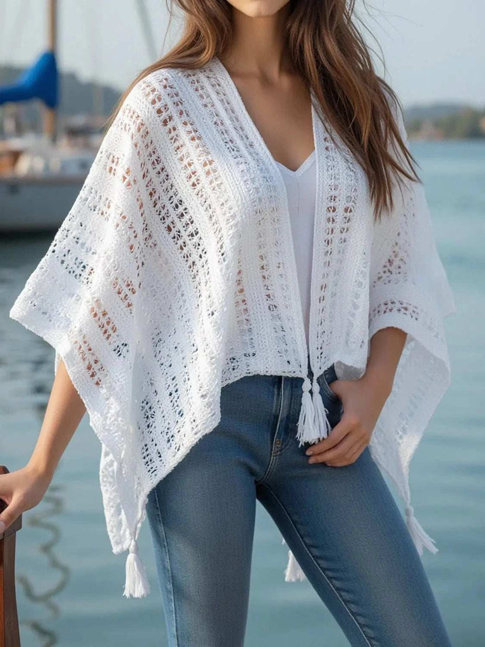 Openwork Tassel Open Front Knit Cover Up - Trendsi - Flyclothing LLC