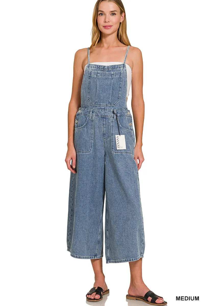 Zenana Denim Medium Washed Wide Leg Overalls - Trendsi - Flyclothing LLC