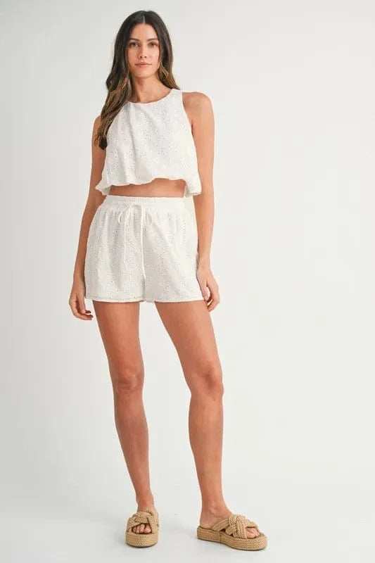 MABLE Eyelet Bubble Hem Sleeveless Top and Shorts Set - Trendsi - Flyclothing LLC